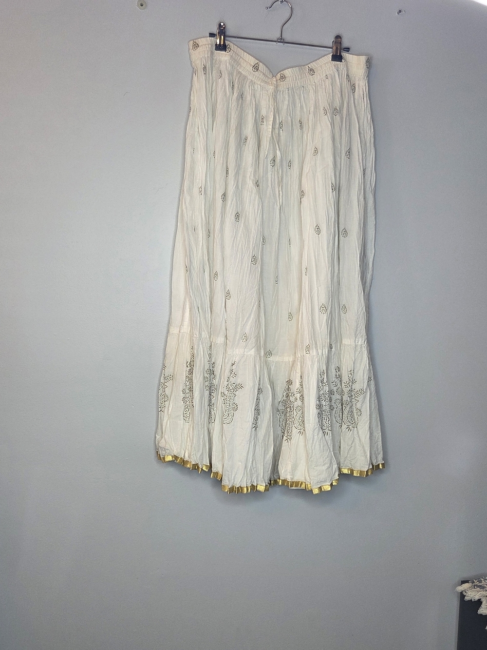 For The Republic Ivory Maxi Skirt with Gold Accent Trim, Size S, Bohemian